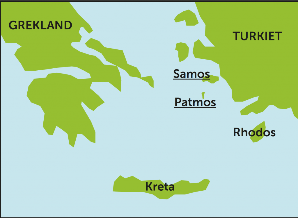 karta med Samos, Patmos, Turkiet och Grekland utmärkta.