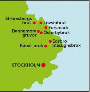 kartbild över norra Uppland med bruken utmärkta.