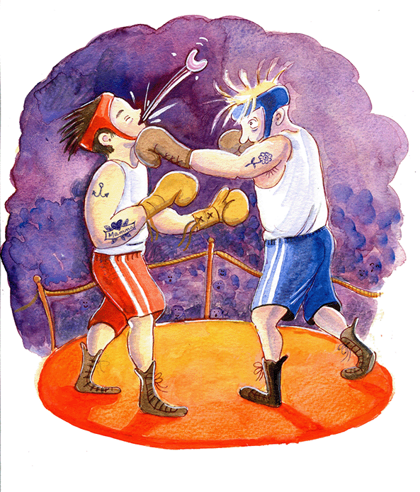 Illustration av en vänsterhänt boxare som får in en träff på sin motståndare
